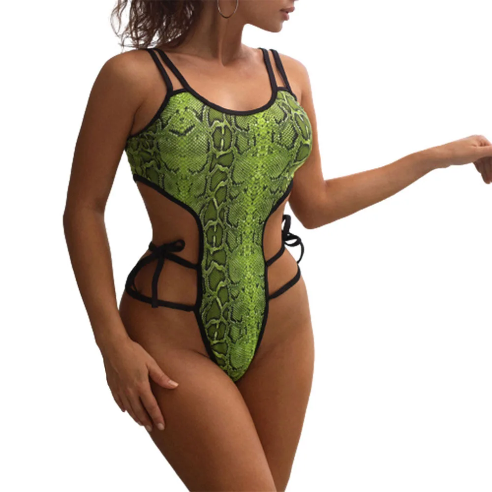 

Женский слитный купальник-бикини FS, зеленый купальник-монокини со змеиным принтом, с высокой талией и боковой завязкой, 2022