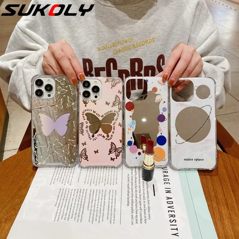 

For iPhone 13 12 Pro Max 11 XR XS 7 8 Plus Cartoon Butterfly Mirror Hybrid Back Phone Case Shockproof Airbag Protect Cover Coque