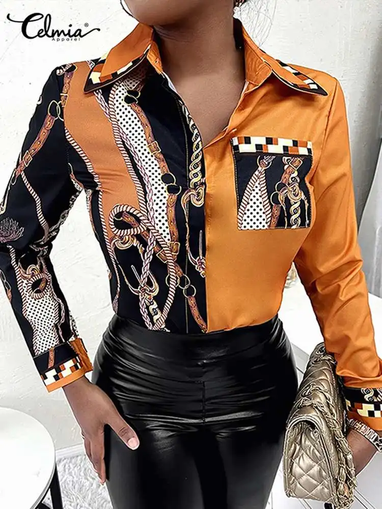 

Vintage Lapel Pockets Blouses Celmia Women Chain Printed Shirt 2022 Summer Streetwear Fashion Buttons Long Sleeves Tops Oversize