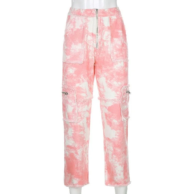 2021 New fashion Hip hop Zipper pants Tie Dye Jeans Women Pocket High Waist Denim Pants Casual Fashion Long Trousers Streetwear