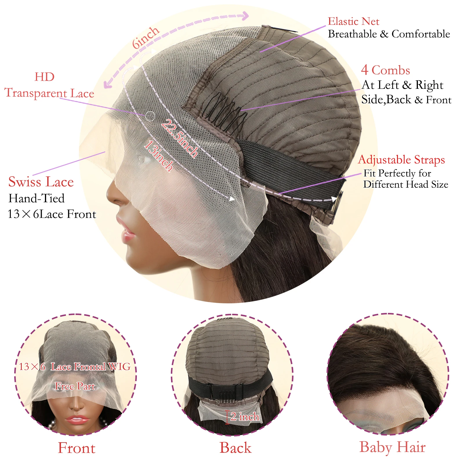 Парик Clousre прозрачный 34 дюйма 13x6 HD без клея