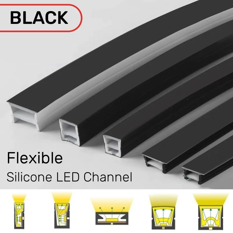 Recessed Black Silicone Tube LED Neon Light Flexible Rope Channel Diffuser WS2811 WS2812B Outdoor Waterproof Ribbon Strip Lights