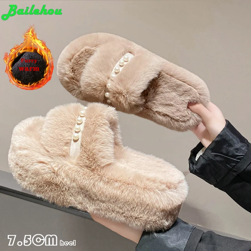 

Роскошные меховые женские Меховые Туфли на платформе на танкетке, модные высококачественные зимние праздничные домашние повседневные теплые меховые тапочки 7,5 на каблуке, 2023