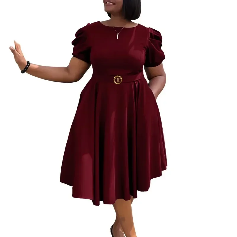 African Clothes for Women Autumn Fashion Short Sleeve Polyester Party Evening Pleat Midi Dress Outfits Africa Clothing