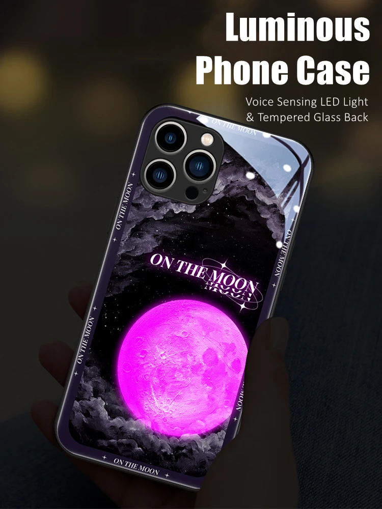

Moon Colorful LED Light Glowing Luminous Tempered Glass Back Phone Case for OnePlus 6 6T 7 7T 8 8T 9 9R 10 Ace Nord 2 N200 Pro