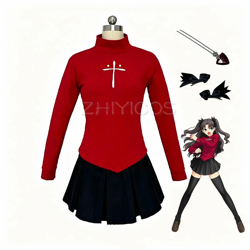 Фото Новый костюм для косплея Тосаки Рин из Fate Stay Night: вышитый красный костюм, черная юбка, ожерелье, татуировка. Костюмы на Хэллоуин для женщин. №1