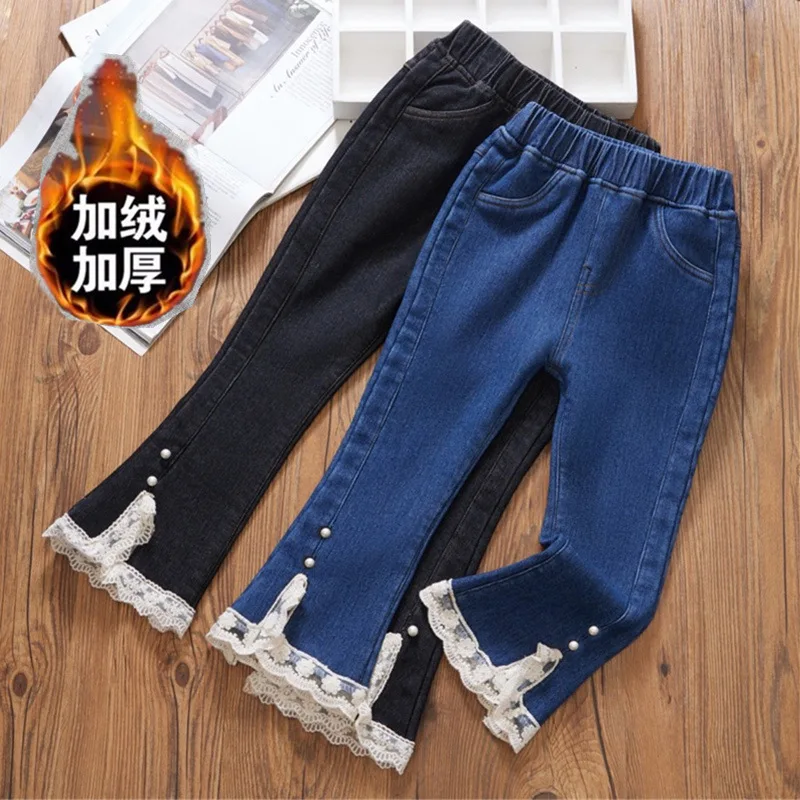 

New Style Kids Jeans Winter Baby Girls jeans Plush Thickened Children's Wear Girls' Bell Bottoms Warm Pants 2-13Y