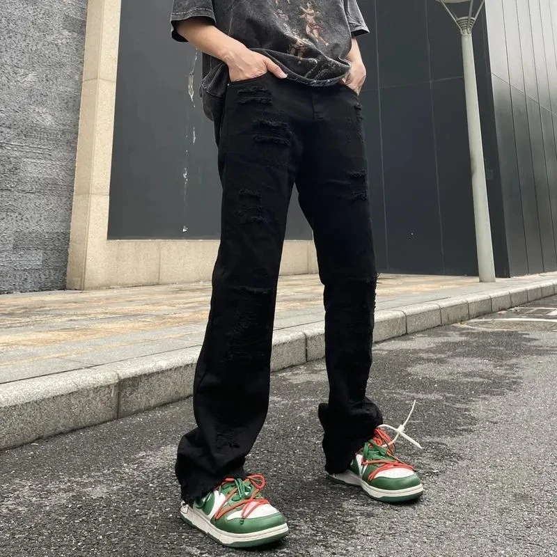 New Hole Ripped Straight Washed Mid Waist Men Jeans Black Beige Patchwork Vintage Slim High Street Denim Trousers