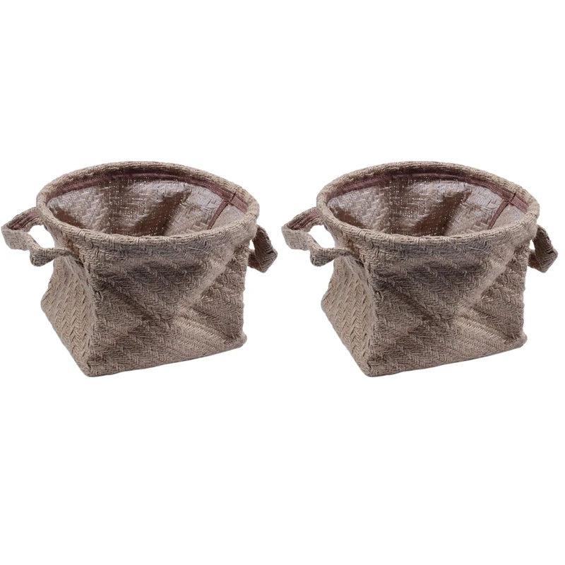 

2X Woven Storage Basket Hemp Rope Flower Pot Dirty Clothes Laundry Hamper With Handles Office Desktop Organizer Box