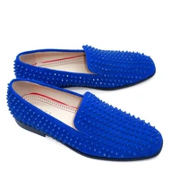 loubuten high quality blue suede loafers men casual shoes handmade full spikes dress shoes slip on male party shoes