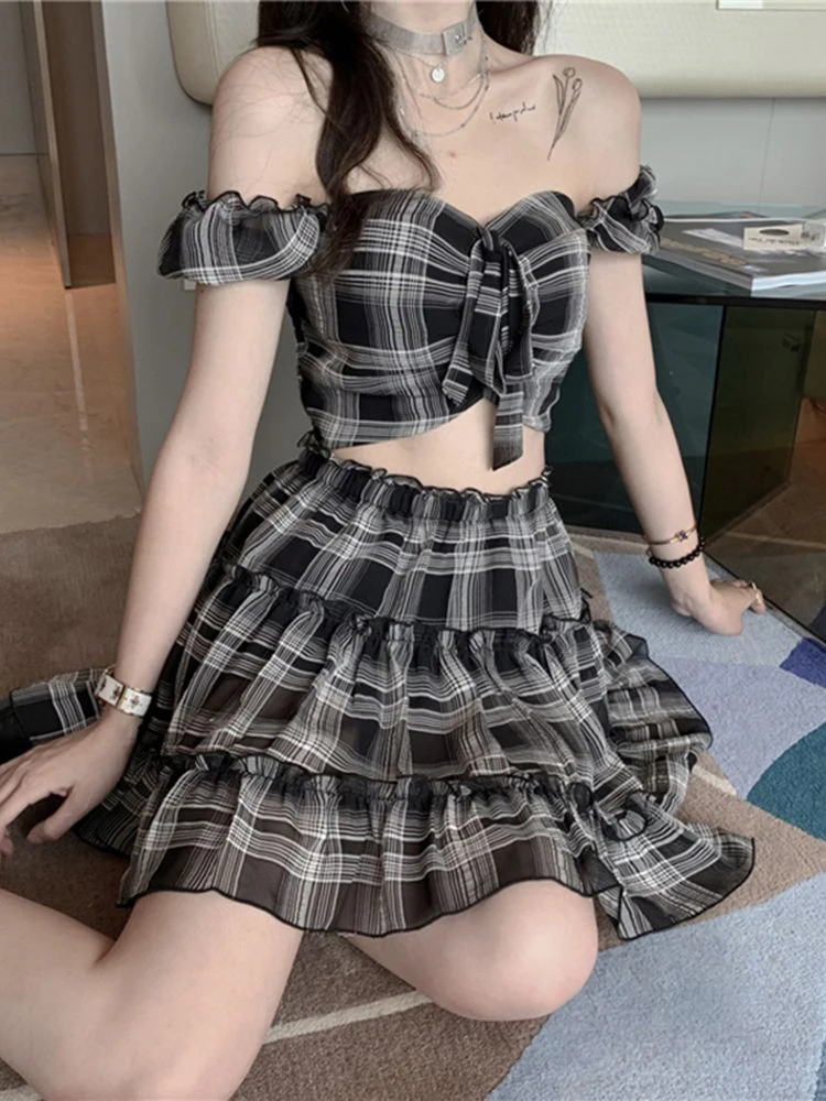 Kawaii Y2k Sets Gothic Plaid Chiffon Slash Crop Tops+High Waist Mini Aline Skirt Kpop E Girls 2PCS Female Korean Two Piece Set