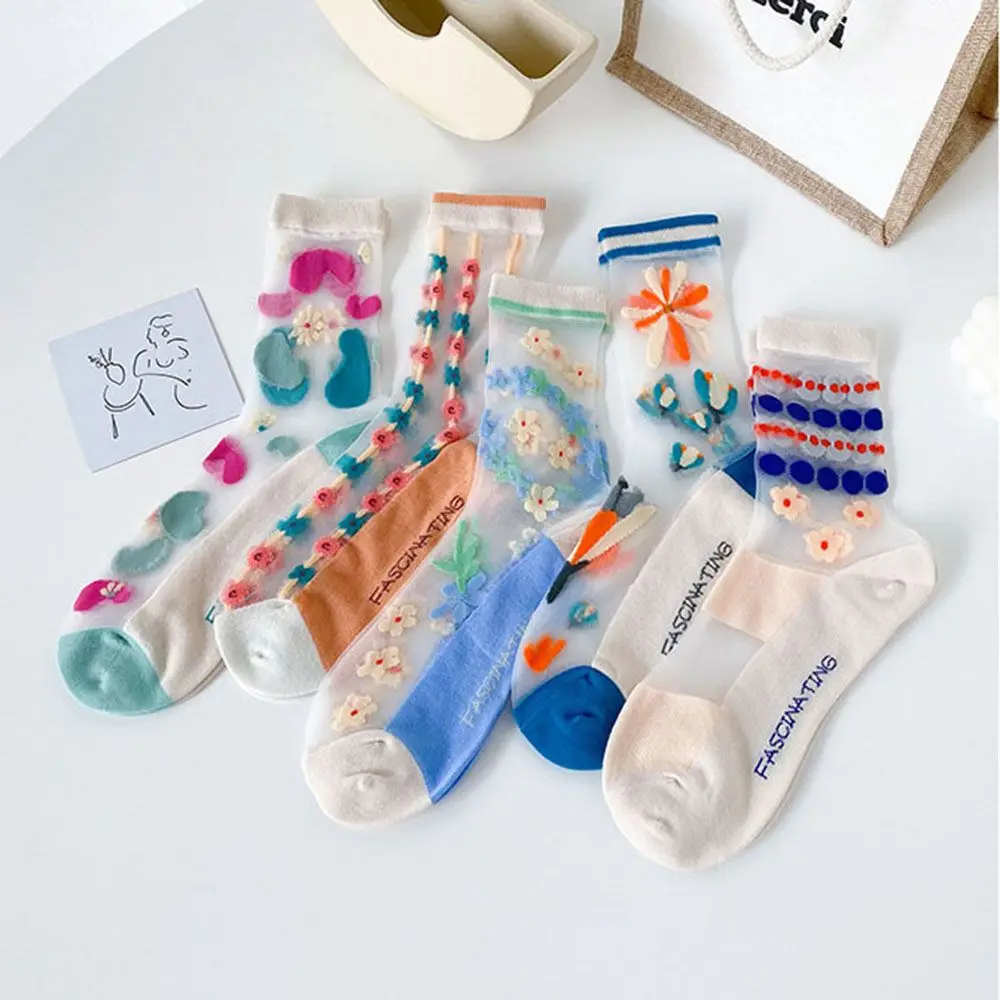 

Retro Flower Transparent Glass Silk Socks Women Summer Breathable Socks Long Socks Casual Socks Female Hosiery