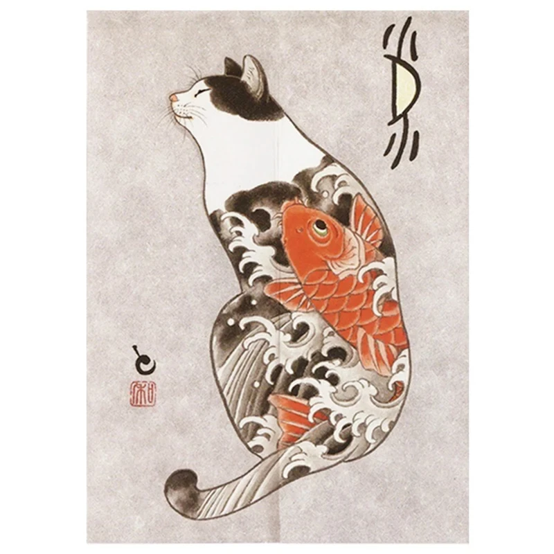 Льняные японские дверные занавески Ukiyo-e Cat 2 панели