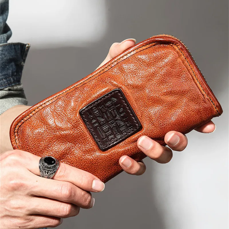 Fashion luxury genuine leather men's clutch bag organizer designer high-quality natural real cowhide pleated women phone wallet