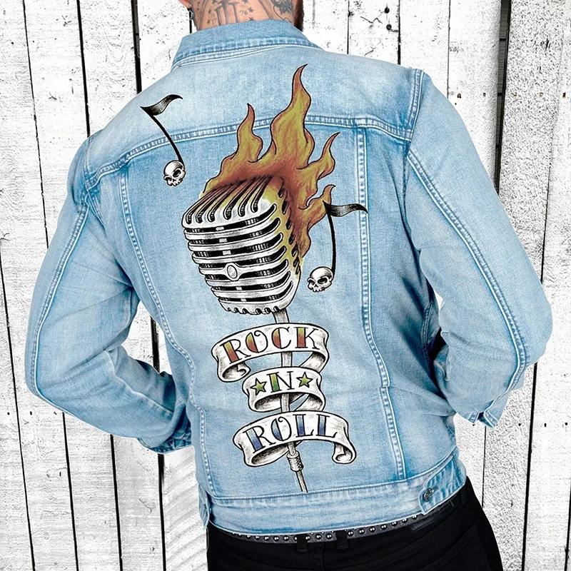 

Rock Graphic Print Denim Jacket Men Casual Long Sleeve Breasted Collar Slim Jean Coat Mens Autumn Fashion Motorcycles Outerwear