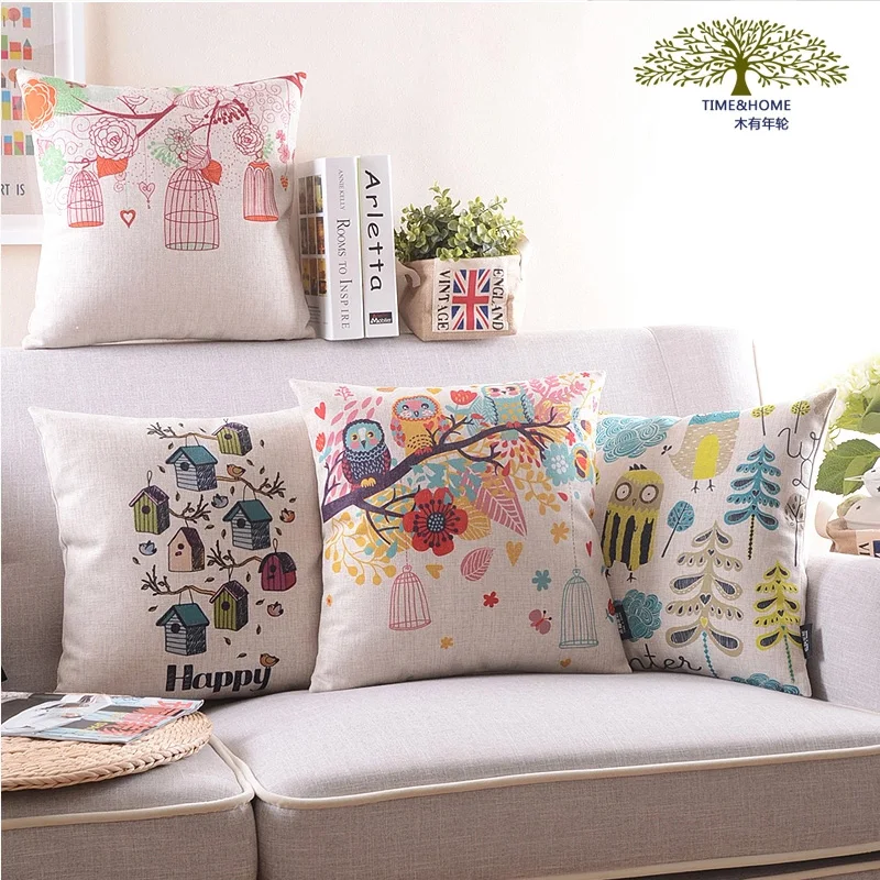 Country Simple Pillow Lumbar Cushion Office Seat Bedside Cushion Flower and Bird Sofa Cotton and Linen Pillow Pillow Cases