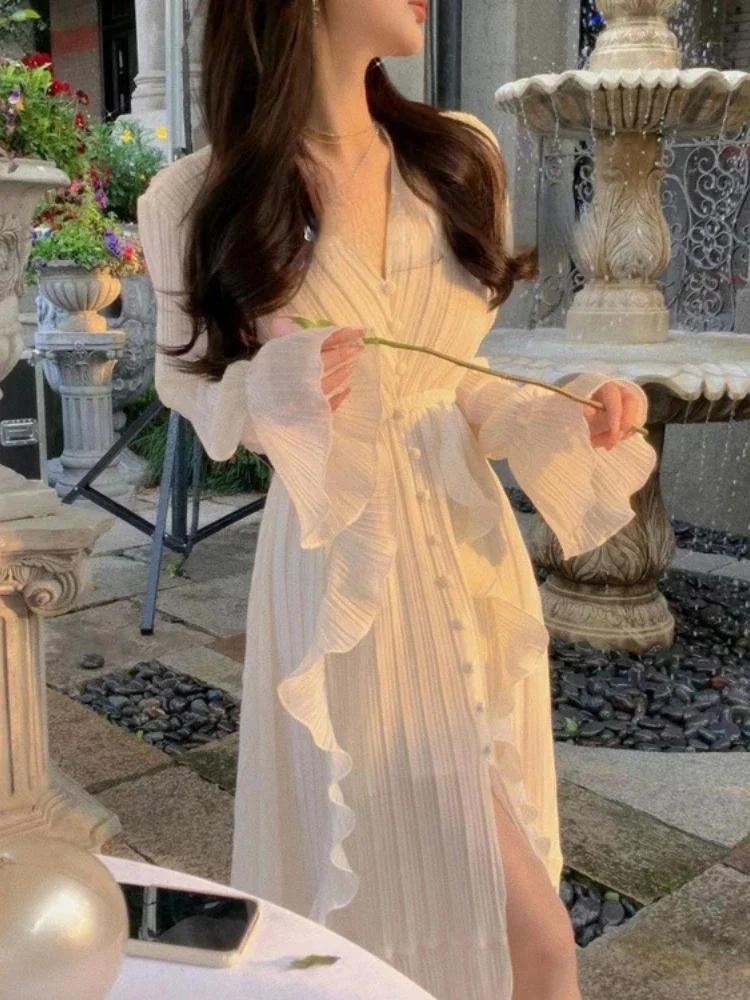 Плиссированное платье с оборками Женская одежда длинным рукавом Белое длинное