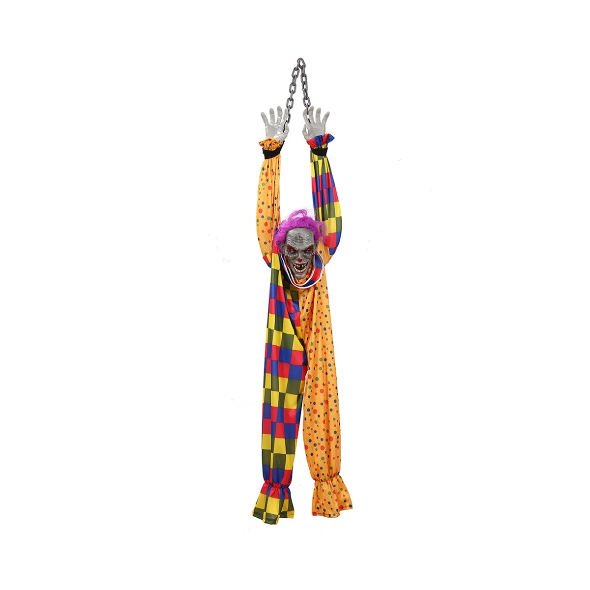 

5,6 футов Хэллоуин подвесной анимированный разговор и вибрация страшный клоун с цепочкой, активация касанием для декора Хэллоуина