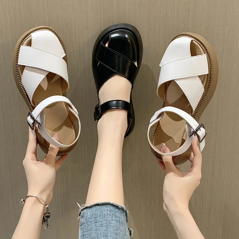 

Женские сандалии на каблуке, дышащие сандалии с ремешком и пряжкой, на среднем каблуке, с круглым носком, лето 2022