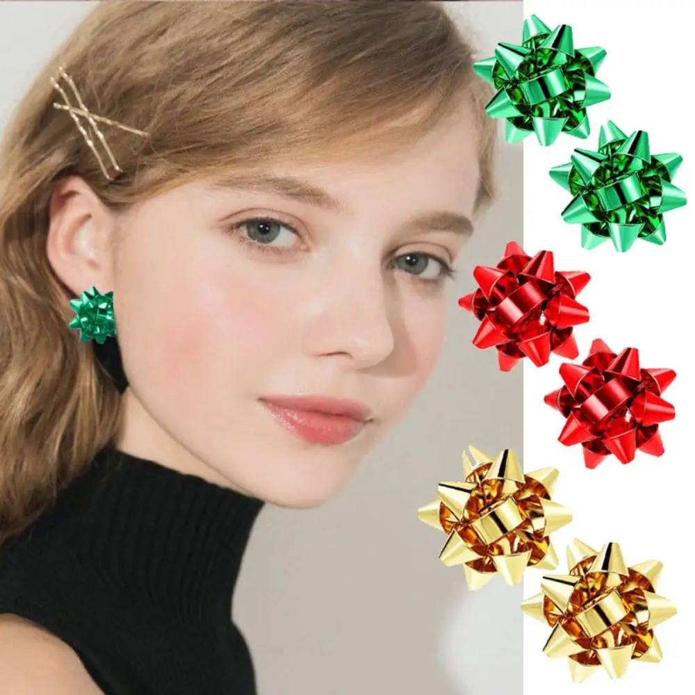 

New Metallic Color Christmas Stud Earrings Metal Flowers Ear Clip Bow Creative Earrings For Women Christmas Party Jewelry