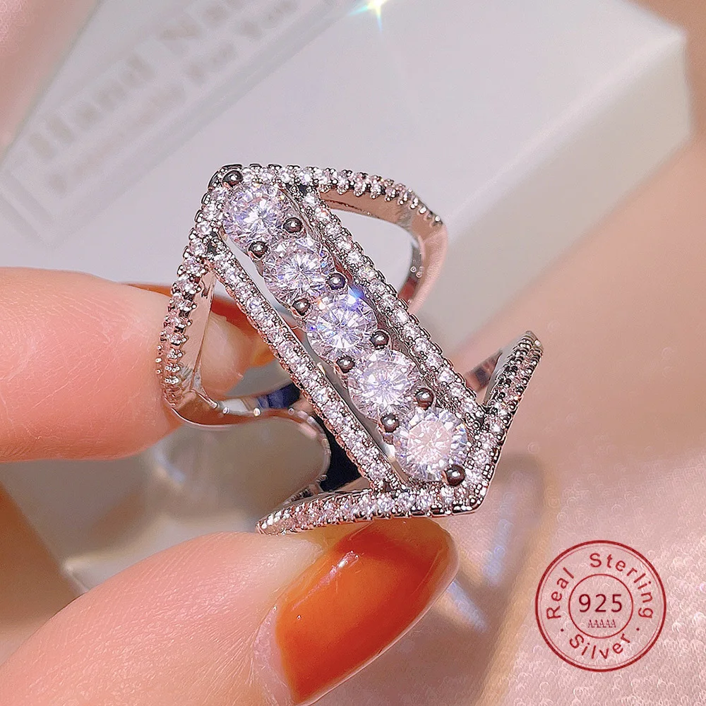 

AAAAA Zircon Hollowed-out Carved 925 Stamp Rings Exaggerated Silver Jewelry for Women Engagement Wedding Wide Ring