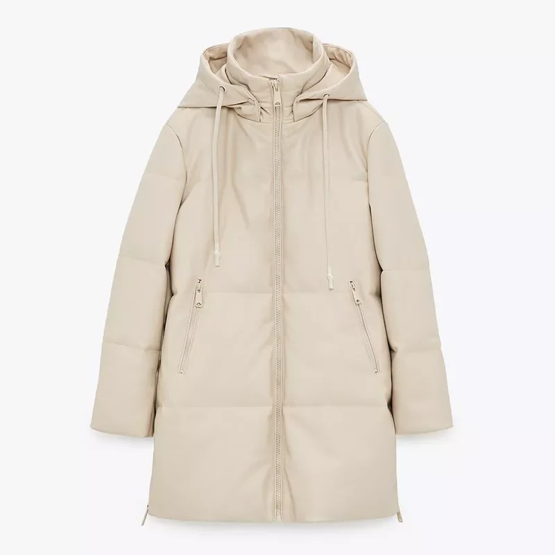 Loose Hooded Parkas Women Fashion Beige PU Leather Coats Women Side Zipper Split Long Cotton Jackets Ladies