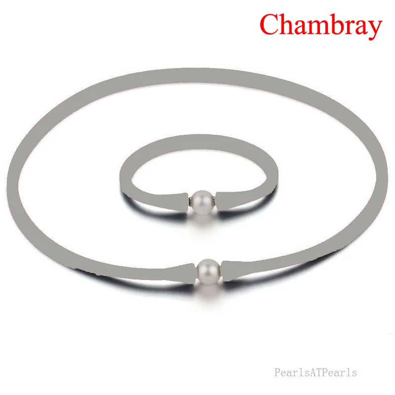 20 inches 10-11mm Natural Pearl Chambray Rubber Silicone Necklace &amp 7.5 Bracelet Jewelry Set