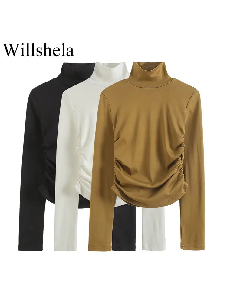 

Willshela Women Fashion Satin Solid Pleated Tight Blouse Vintage High Neck Long Sleeves Female Chic Lady Shirts