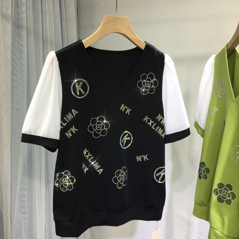 

Blingblling Hot Drilling Women Summer Short Sleeve T-shirt Diamonds Flowers All-match V-neck Loose Pullover Top Cotton Tshirts