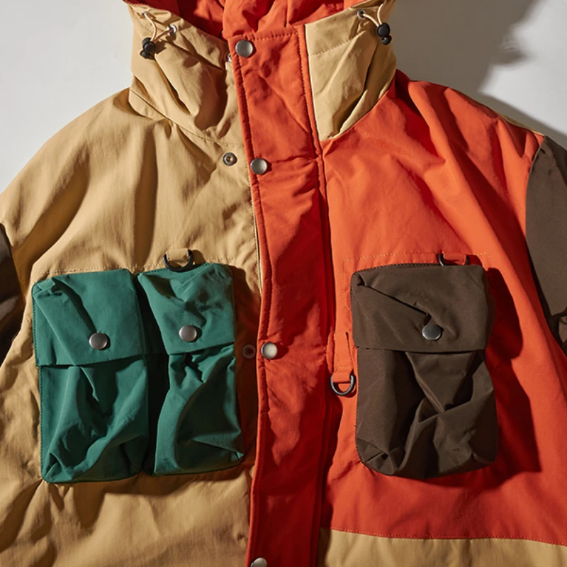 Winter men's new American functional hooded multi-pocket design color matching casual down jacket duck down warm coat