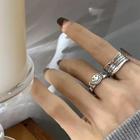 korean hip hop vintage smiley rings for men women retro exaggerated antique silver color open rings punk jewelry friend gifts