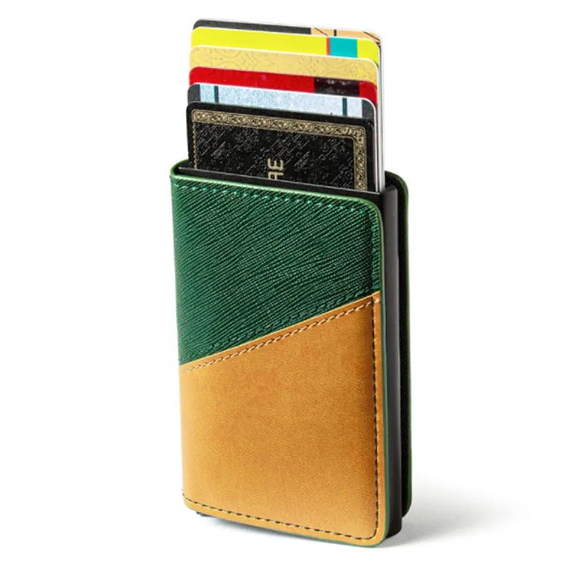 

RFID Blocking Men's Credit Card Holder Box Soft Leather ID Bank Card Case Patchwork Protection Purse Women High Quality Wallet