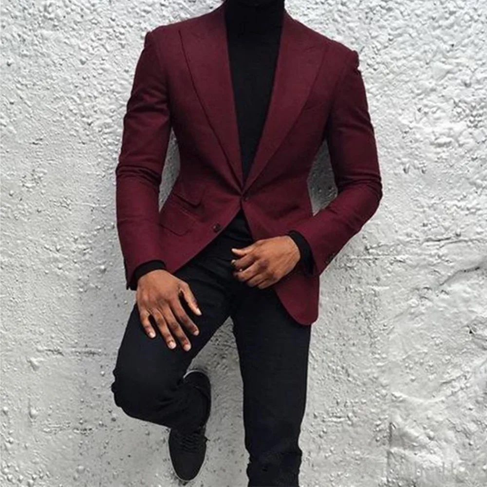 

2022 Fashion Peak Lapel Burgundy Men Suit Set Slim Fit Groomsmen Groom Tuxedos Men Suits For Prom Wedding Party (Jacket+Pants)