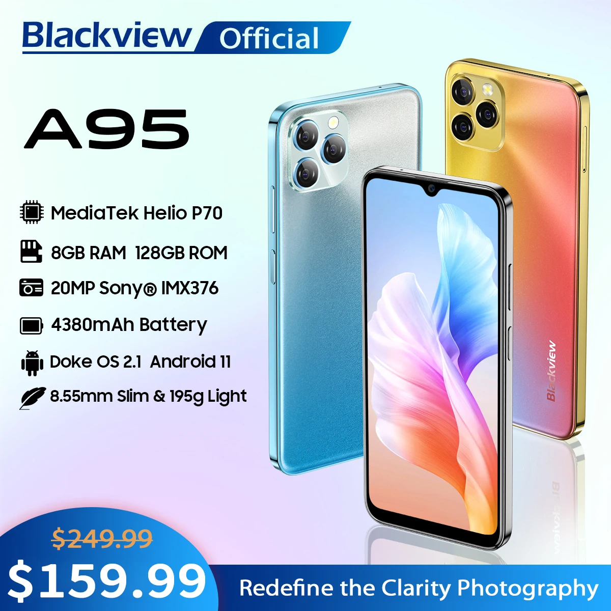 Blackview A95 Smartphone Helio P70 Octa Core Android 11 Mobile Phone 8GB+128GB 6.528 HD+ Display 20MP Camera 4380mAh Cellphone