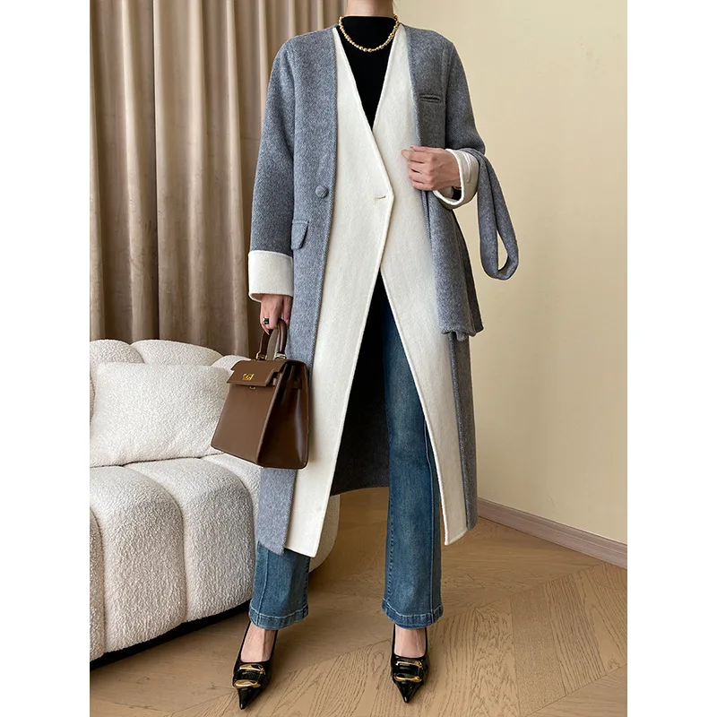 

Promotion 2023 Autumn Women Woolen Coat Fashion Fake Two Pieces Design Women Winter Clothes Cashmere Long Coats Tops