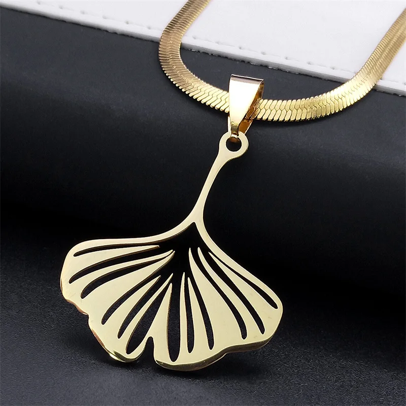 Gingko Leaf Pendant Necklace for Women Men Stainless Steel Gold Color Ginkgo Biloba Leaf Chain Necklaces Jewelry Collar NS02
