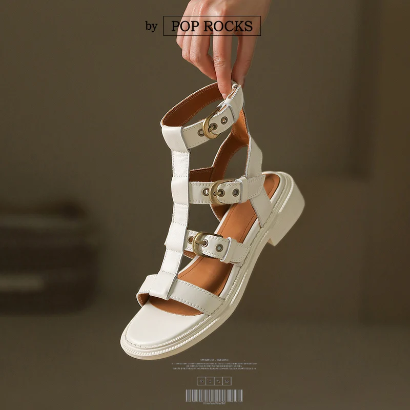 

2022 Summer Women Sandals Natural Leather 22-24.5cm Cowhide Upper Full Leather T-strap Ankle Buckle Platform Sandals Roman Shoe