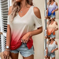 new temperament womens 2022 summer short sleeved gradient printed casual t shirt sexy v neck off shoulder loose pullover top