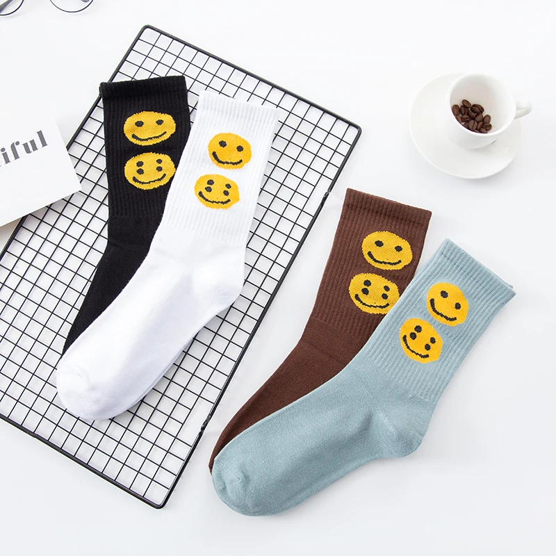 2021 New Adult Crew Cotton Top Socks Summer Double Two Flat Smiling Face Faces Kanye Casual Street Fashion Tube Socks