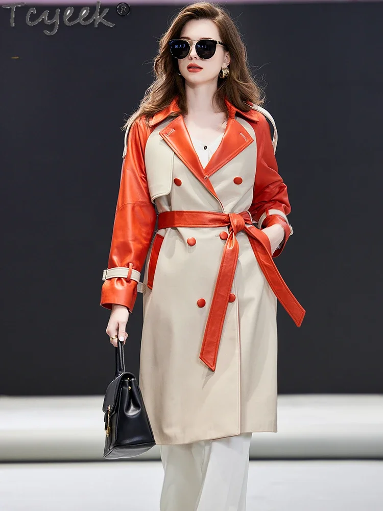 Tcyeek куртка из натуральной кожи женское пальто овчины Тренчи средней длины для