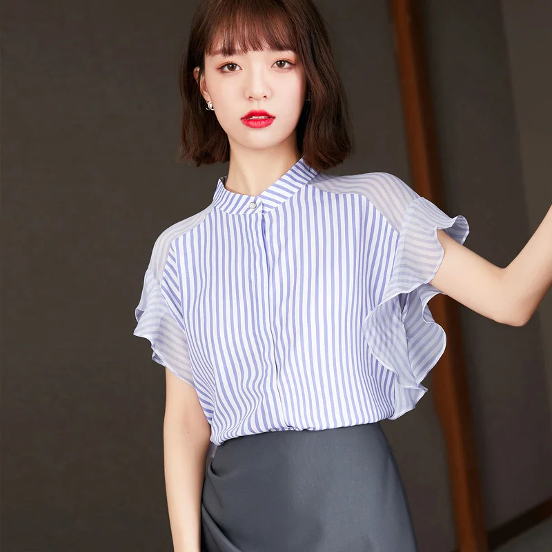 

Рубашка в полоску с принтом, шифоновая женская блузка, летний облегающий топ с коротким рукавом, Повседневная модная женская одежда в Корей...