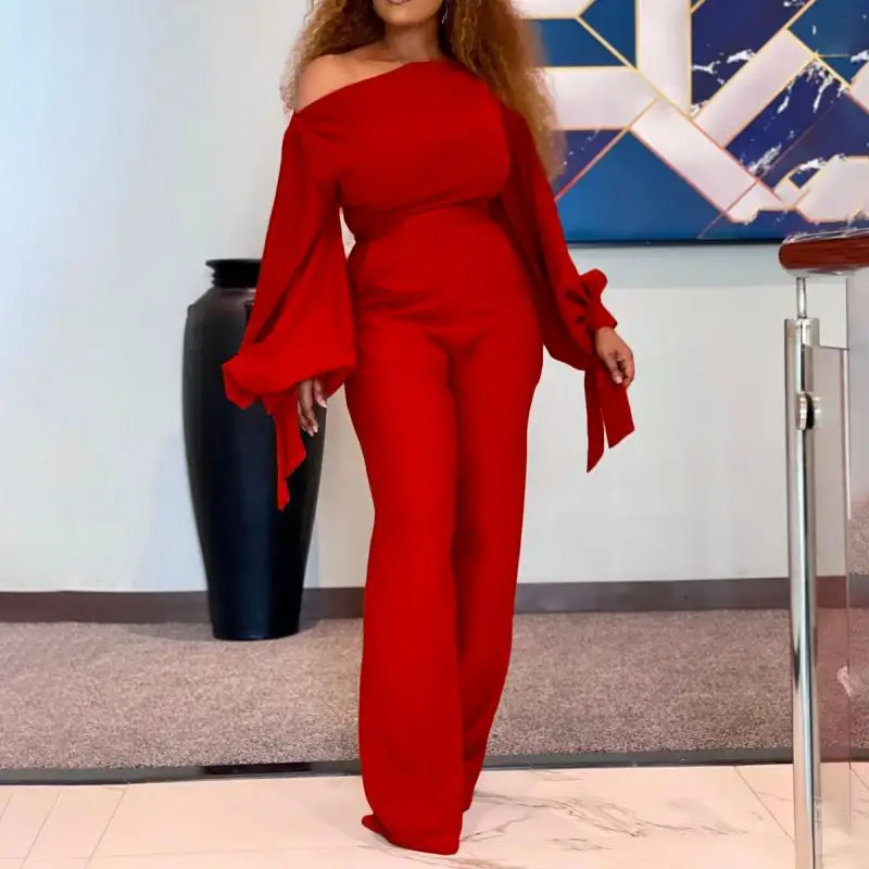 

Женский однотонный комбинезон с открытыми плечами и длинными рукавами-фонариками