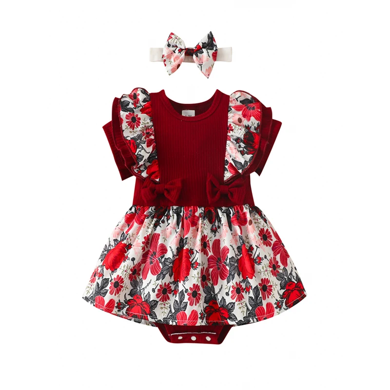 Summer Baby Girls Clothes Derss Short Sleeve Bodysuit Suit Skirt Flower Pit Strip Flanged Leaf Edge Onesie 3-18 Months