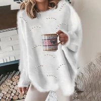2022 female autumn winter beaded lantern sleeve fluffy womens clothing sweaters and pullovers solid knitted long sleeve top