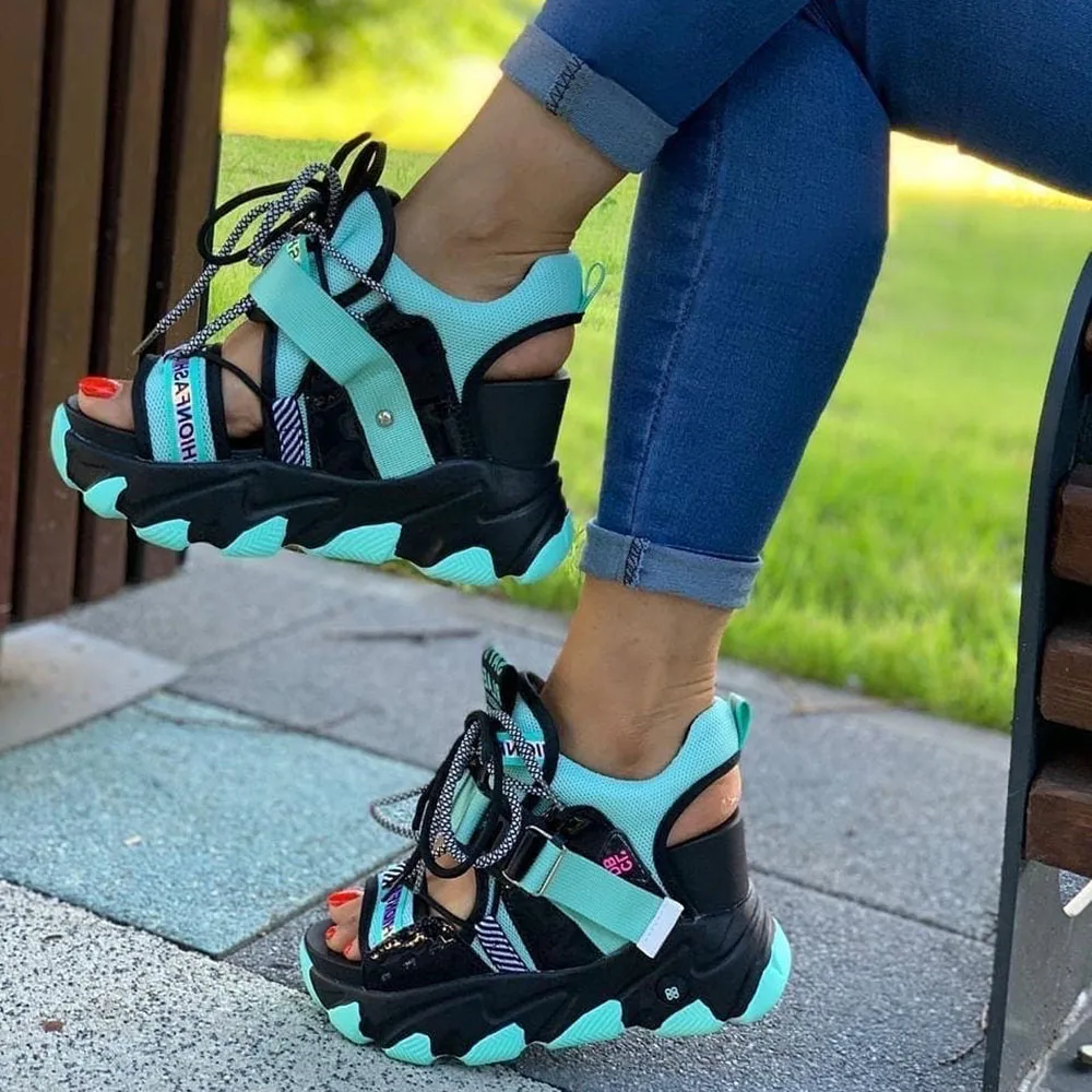 Comemore Leisure Lady Platform Chunky Sandals Mixed Color Shoes Sports Wedge White Sandals Women High Heel Beach Casual Shoes 34