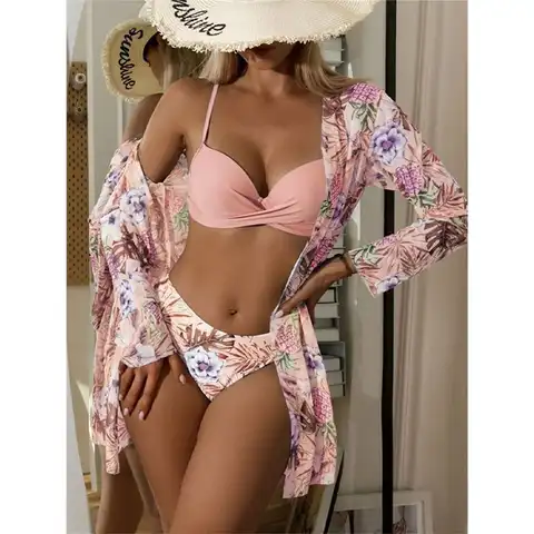 Women Floral Print Bikinis Set 2023 New Sexy Three Piece Beach Cover Up  Push Up Summer Long Sleeve Twist Swimwear Bathing Suit