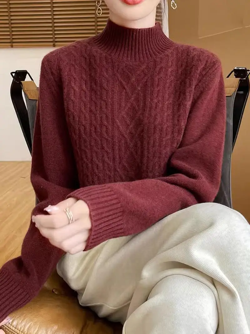 Pure Cashmere Sweater% Half-high Collar Thickened Sweater Twisted Women Autumn and Winter Loose Idle Sle Knitted Bottoming ...
