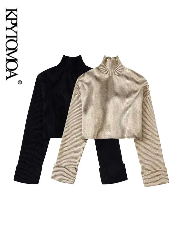 

KPYTOMOA Women Fashion Ribbed Knit Cropped Sweater Vintage High Neck Long Sleeve Female Pullovers Chic Tops