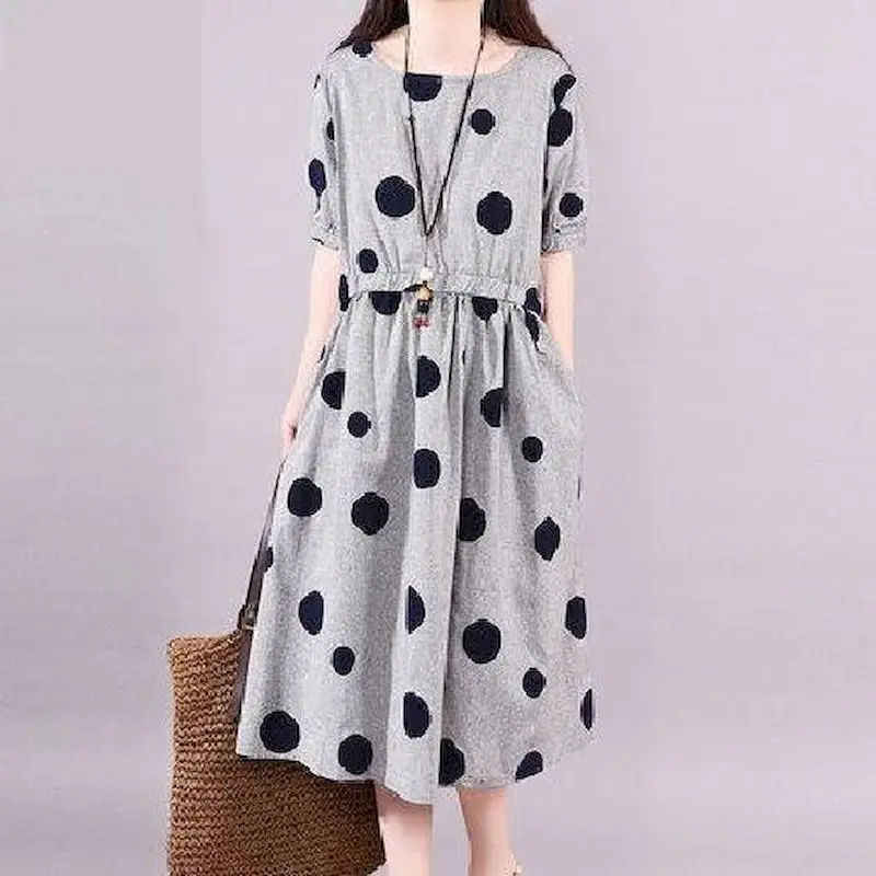 Платья из хлопка и льна для женщин платье средней длины в горошек с коротким