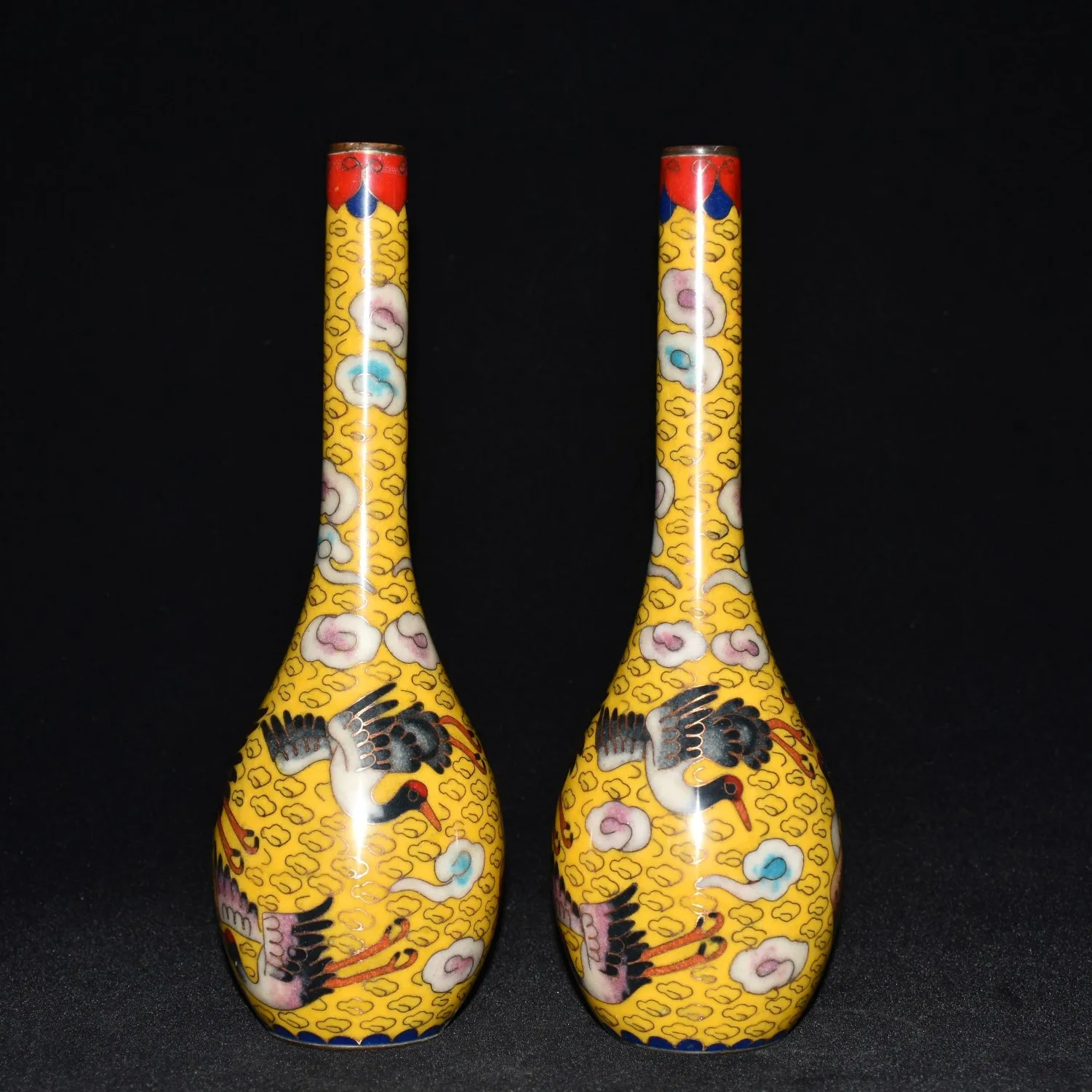 

9"Tibetan Temple Collection Bronze Cloisonne Enamel Small mouth Crane pattern longevity pot belly bottle vase a pair Town House